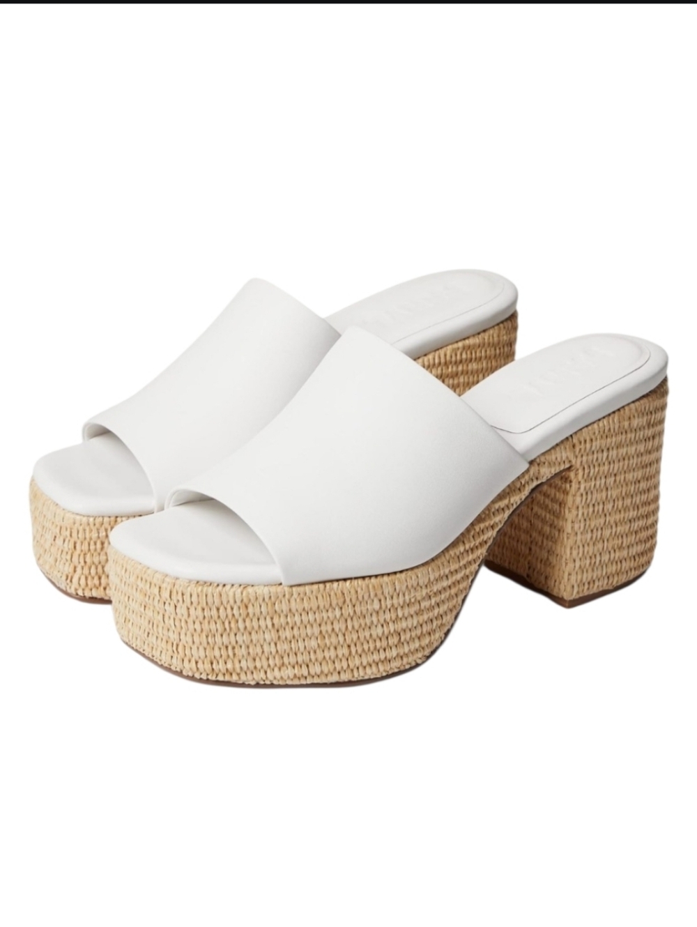 New FARYL Soring White Leather Platform Raffia Woven-Trim Slide Heels 9
